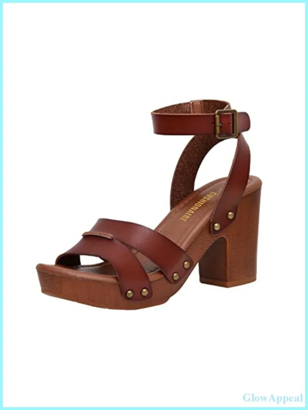 Women's Faux Wood Block Heel Platform Sandals with Studded Straps